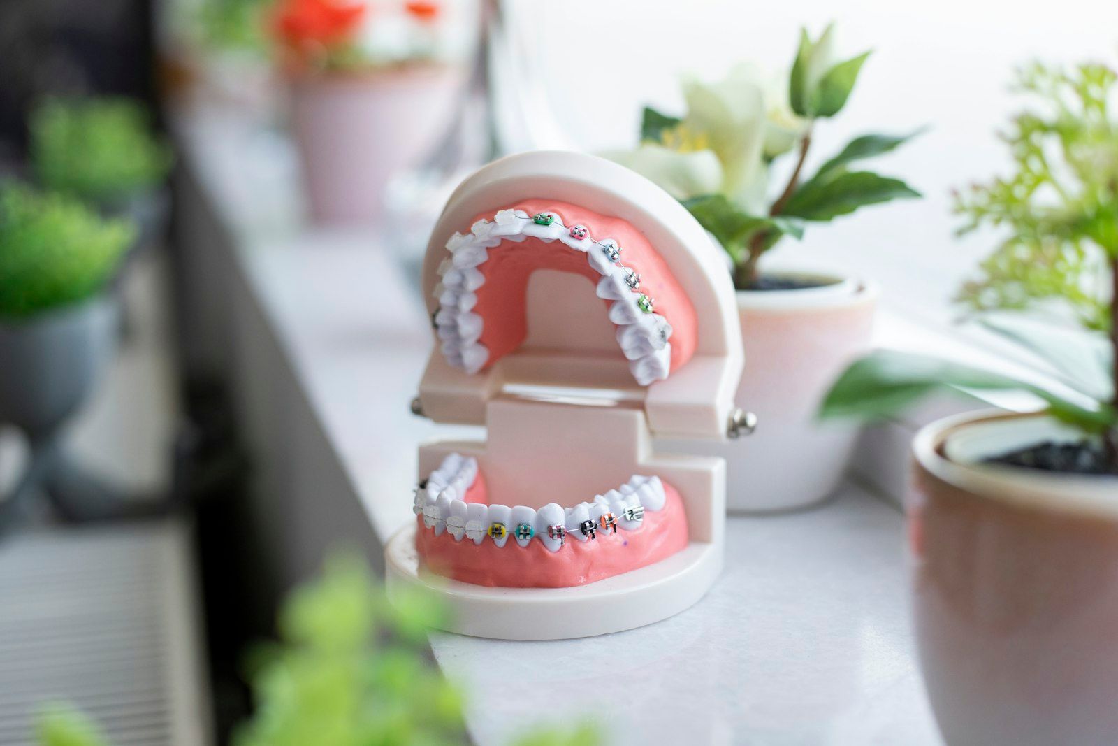 Modelo dental con brackets metálicos sobre una mesa, junto a plantas.