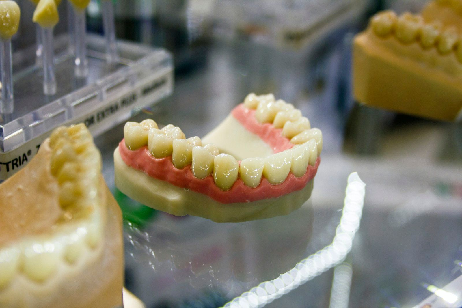 Modelos dentales de laboratorio sobre una vitrina de vidrio.